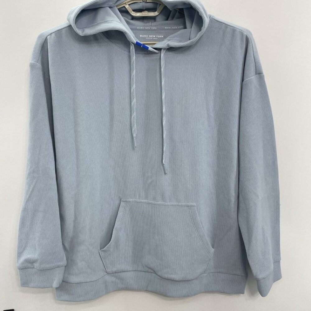 Andrew Marc New York Ribbed Hoodie Sweatshirt Performance Pullover Blue Womens L